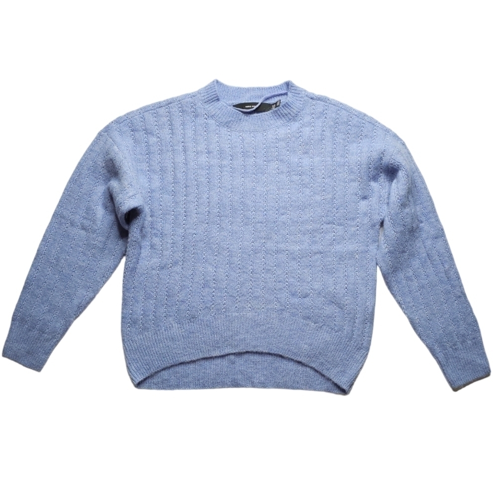 Wool Blend Cool Blue Soft Ribbed Crewneck Sweater Normcore Academia XS NWOT
